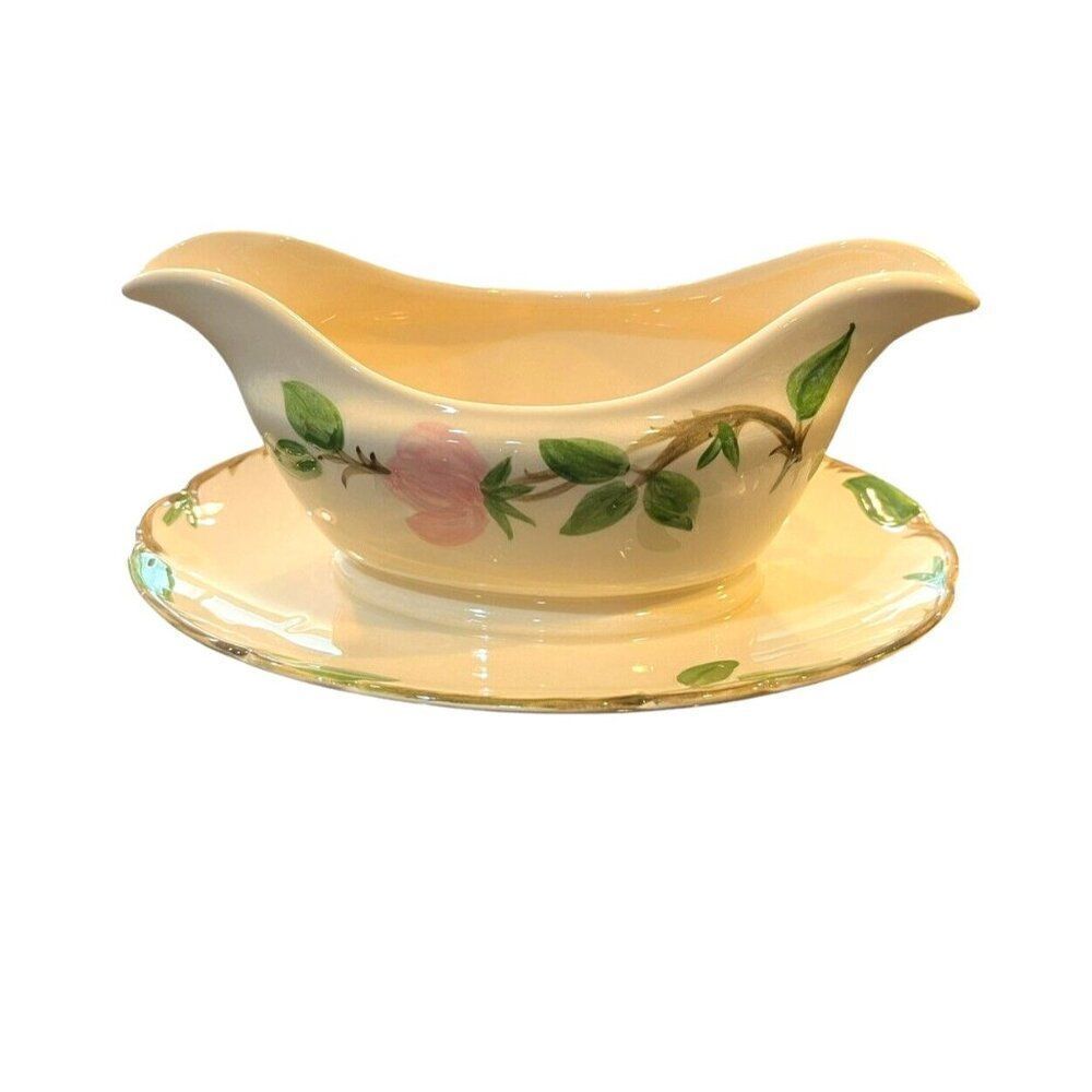 Franciscan Pottery Desert Rose Floral Gravy Boat W Attached Plate USA